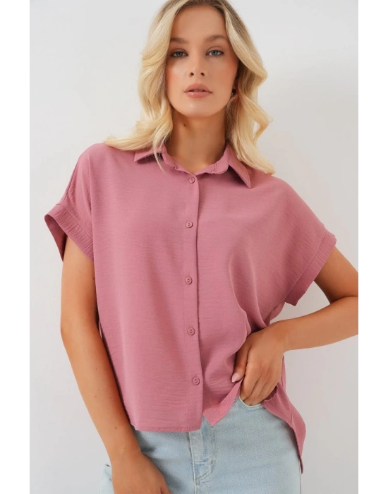 Oversize Kısa Kol Gömlek 20322  Pembe