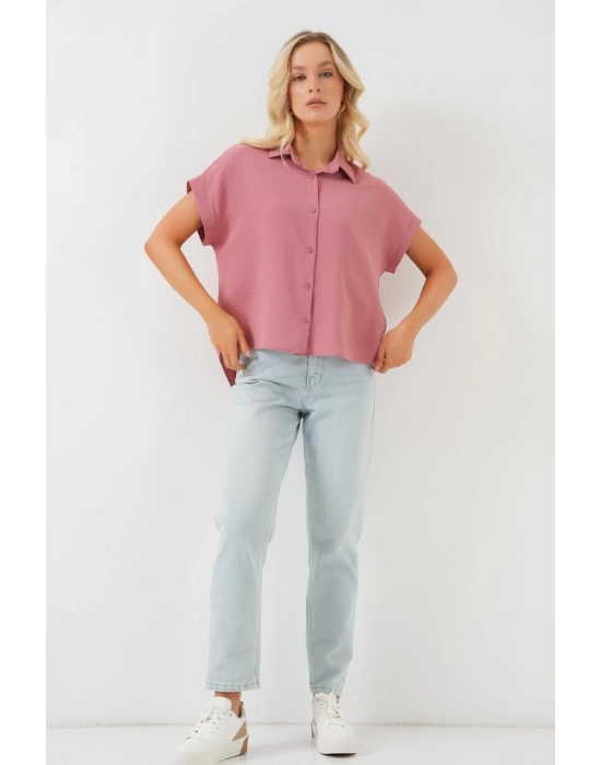 Oversize Kısa Kol Gömlek 20322  Pembe