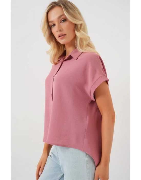 Oversize Kısa Kol Gömlek 20322  Pembe