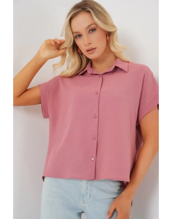 Oversize Kısa Kol Gömlek 20322  Pembe