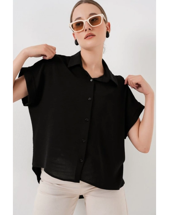 Oversize Kısa Kol Gömlek 20322  Siyah