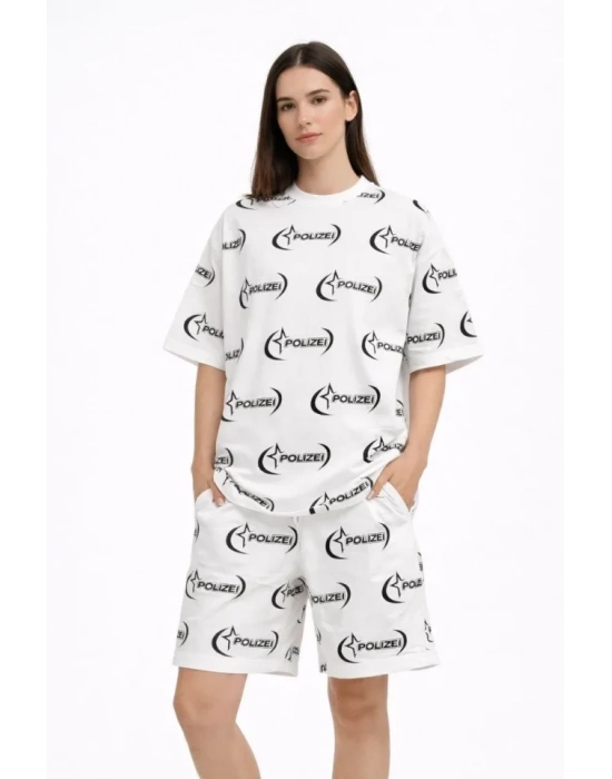 Oversize Ön Ve Arka Baskılı Tişört Şort Takım Rahat Kalıp Yazlık Günlük Kombin  Beyaz