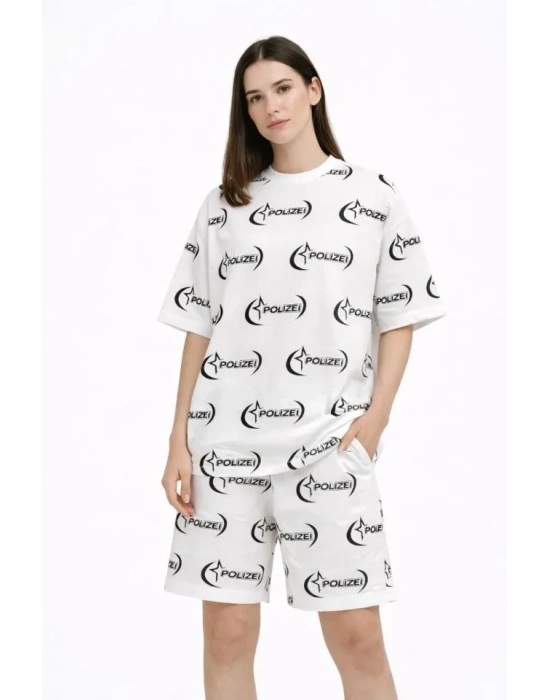 Oversize Ön Ve Arka Baskılı Tişört Şort Takım Rahat Kalıp Yazlık Günlük Kombin  Beyaz
