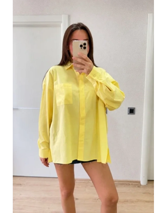 Oversize Pens Detaylı Cepli Yırtmaçlı Rahat Kalıp Poplin Gömlek  arı