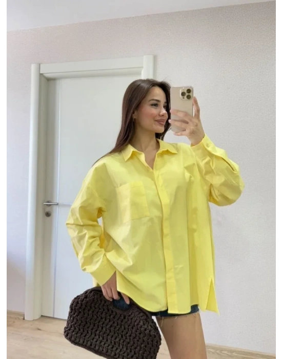 Oversize Pens Detaylı Cepli Yırtmaçlı Rahat Kalıp Poplin Gömlek  arı
