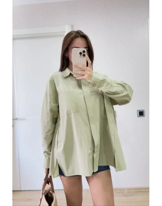 Oversize Pens Detaylı Cepli Yırtmaçlı Rahat Kalıp Poplin Gömlek  Yeşil