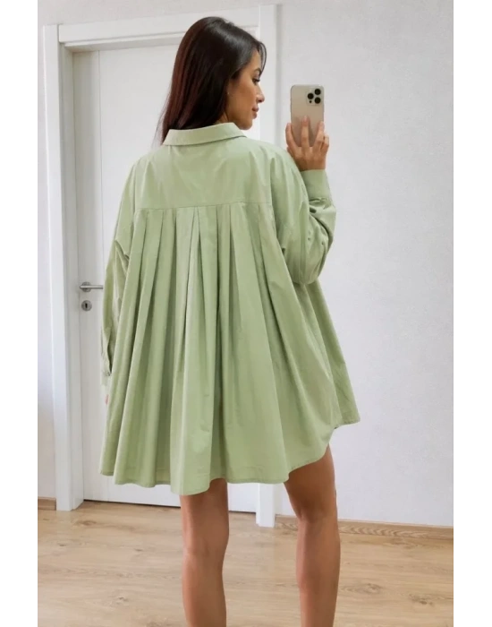 Oversize Pens Detaylı Cepli Yırtmaçlı Rahat Kalıp Poplin Gömlek  Yeşil