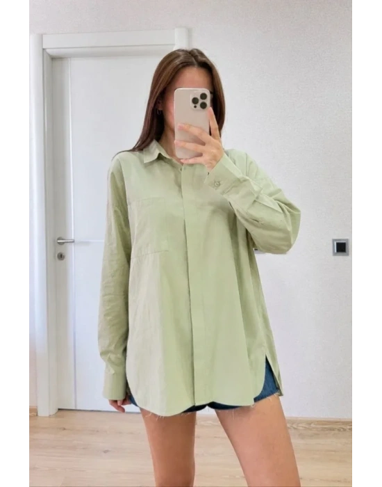 Oversize Pens Detaylı Cepli Yırtmaçlı Rahat Kalıp Poplin Gömlek  Yeşil