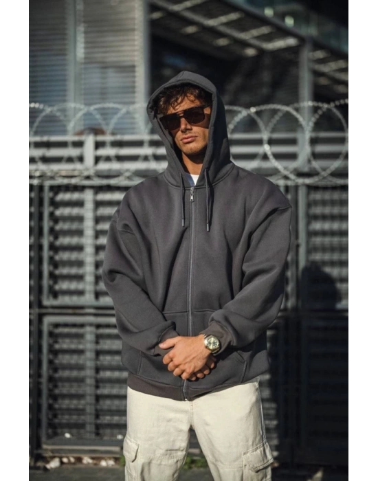 Oversize Tam Fermuarlı Uzun Kol Hırka  Füme