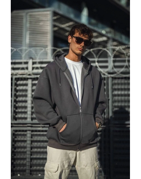 Oversize Tam Fermuarlı Uzun Kol Hırka  Füme