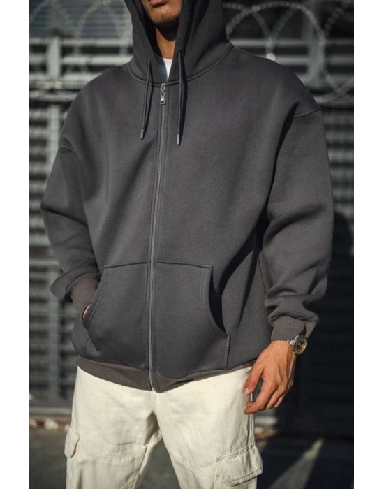 Oversize Tam Fermuarlı Uzun Kol Hırka  Füme