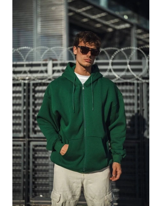 Oversize Tam Fermuarlı Uzun Kol Hırka  Haki