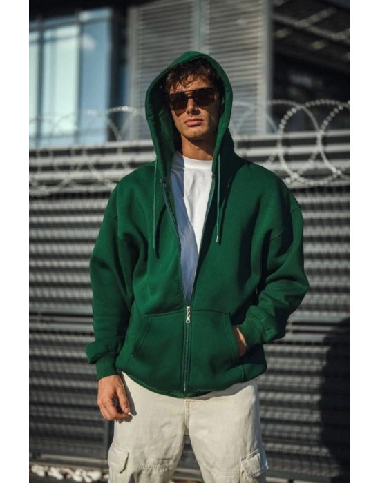 Oversize Tam Fermuarlı Uzun Kol Hırka  Haki