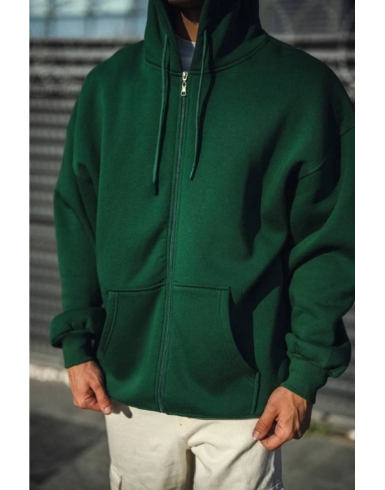 Oversize Tam Fermuarlı Uzun Kol Hırka  Haki