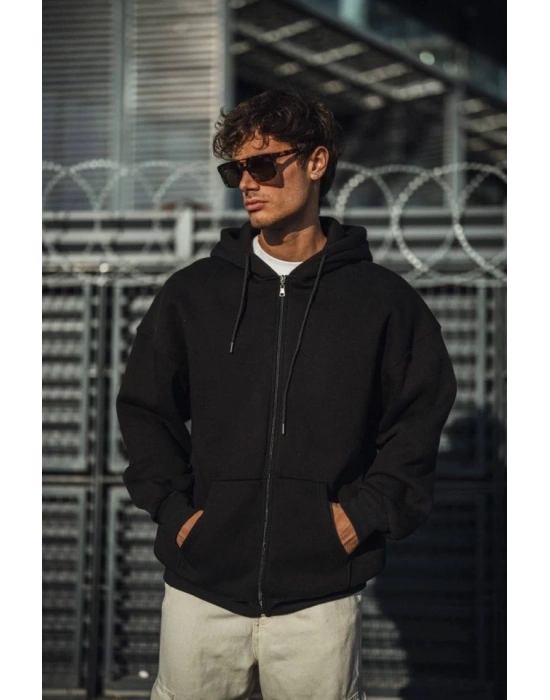 Oversize Tam Fermuarlı Uzun Kol Hırka  iyah