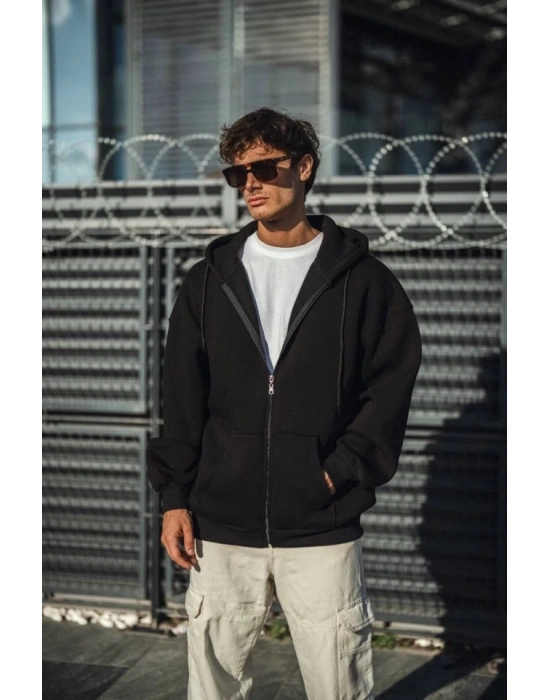 Oversize Tam Fermuarlı Uzun Kol Hırka  iyah