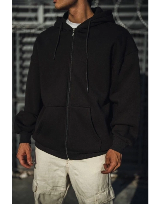 Oversize Tam Fermuarlı Uzun Kol Hırka  iyah