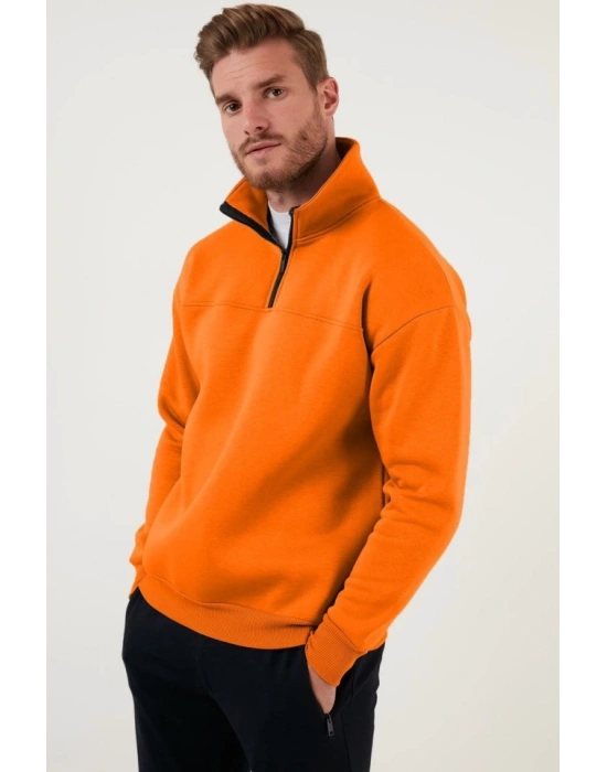 Oversize Yarım Farmuarlı Yakalı Basic SweatShirt  Turuncu
