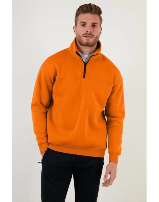 Oversize Yarım Farmuarlı Yakalı Basic SweatShirt  Turuncu