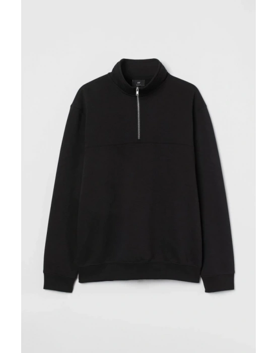 Oversize Yarım Farmuarlı Yakalı Basic weathirt  iyah