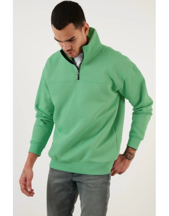 Oversize Yarım Farmuarlı Yakalı Basic weathirt  Yeşil