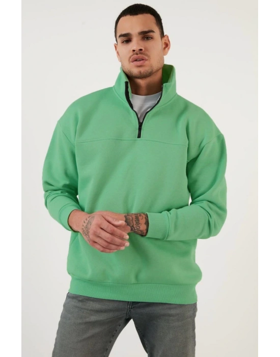 Oversize Yarım Farmuarlı Yakalı Basic weathirt  Yeşil