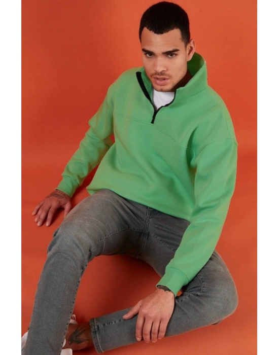 Oversize Yarım Farmuarlı Yakalı Basic weathirt  Yeşil