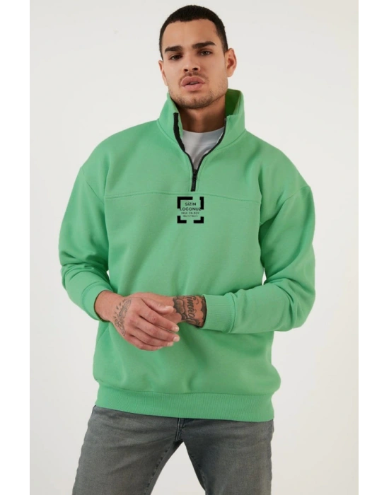 Oversize Yarım Farmuarlı Yakalı Özel Tasarım Basic weathirt  Açık Yeşil