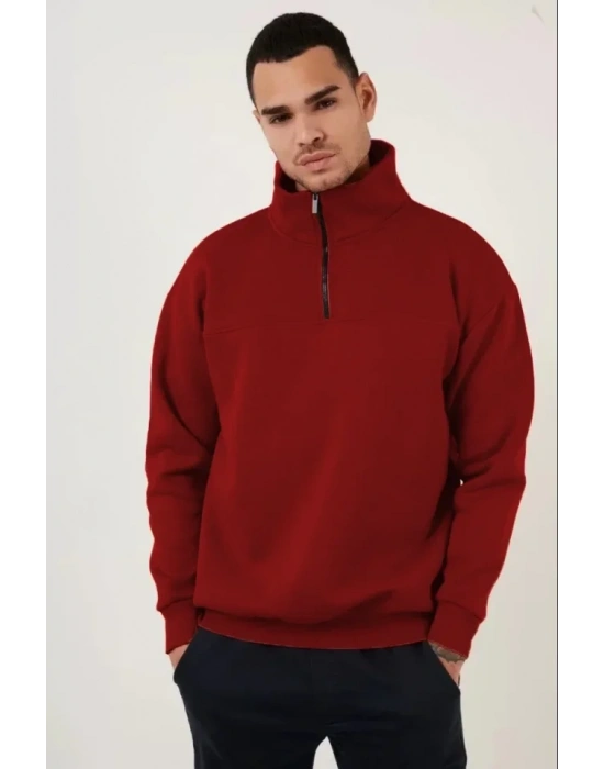 Oversize Yarım Farmuarlı Yakalı Özel Tasarım Basic weathirt  Bordo