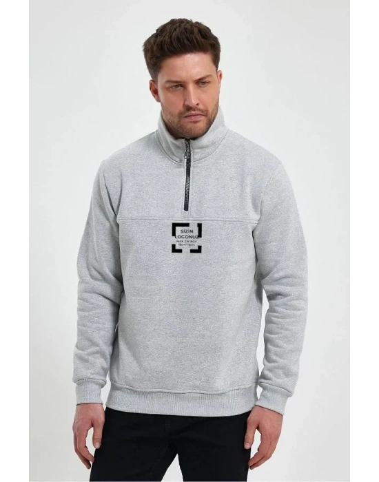 Oversize Yarım Farmuarlı Yakalı Özel Tasarım Basic weathirt  Gri