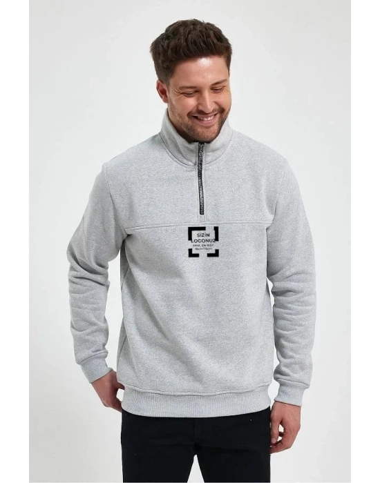 Oversize Yarım Farmuarlı Yakalı Özel Tasarım Basic weathirt  Gri