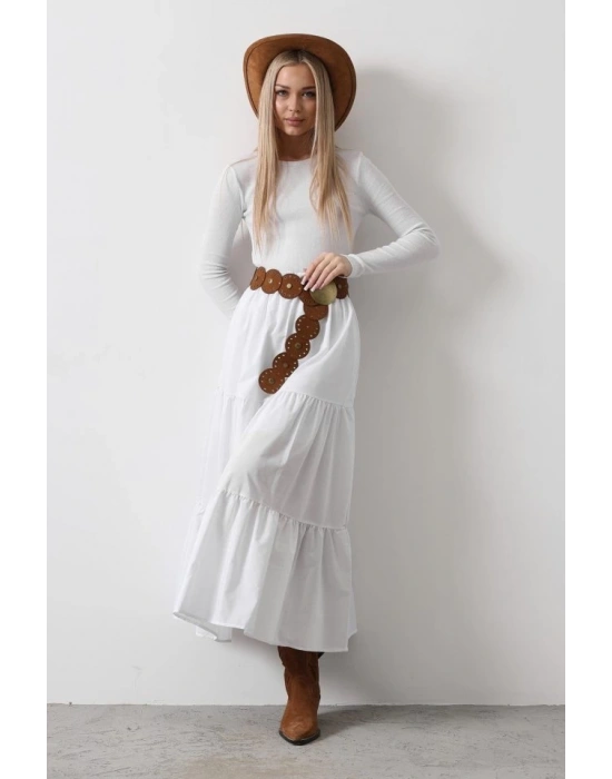Pamuklu Beli astikli Etek  Beyaz