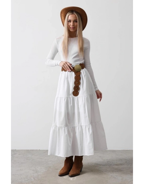 Pamuklu Beli astikli Etek  Beyaz