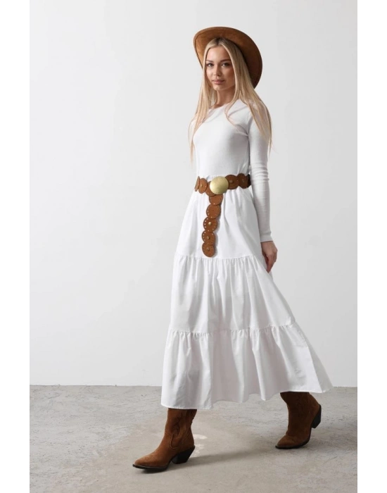 Pamuklu Beli astikli Etek  Beyaz