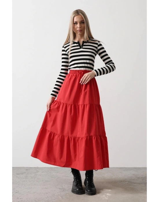 Pamuklu Beli Lastikli Etek  Kırmızı