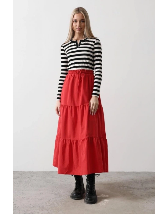 Pamuklu Beli Lastikli Etek  Kırmızı