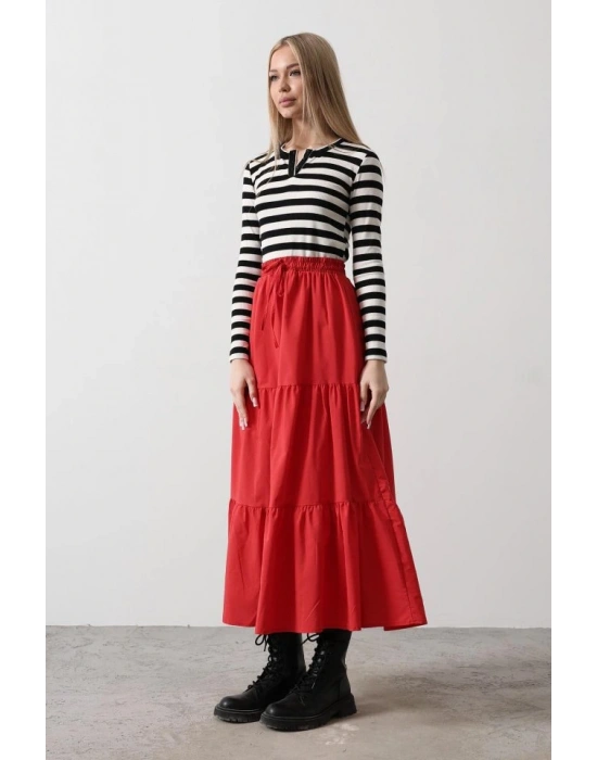 Pamuklu Beli Lastikli Etek  Kırmızı
