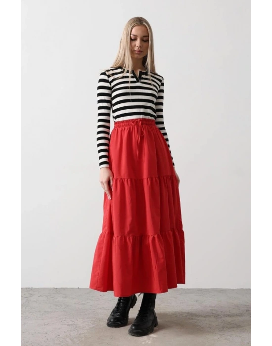 Pamuklu Beli Lastikli Etek  Kırmızı