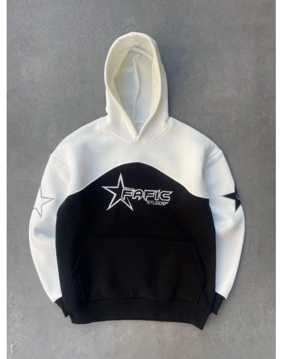 Parçalı Nakış İşlemelı Kapşonlu weathirt  Beyaz