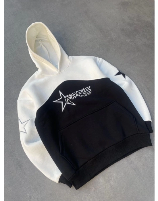 Parçalı Nakış İşlemelı Kapşonlu weathirt  Beyaz