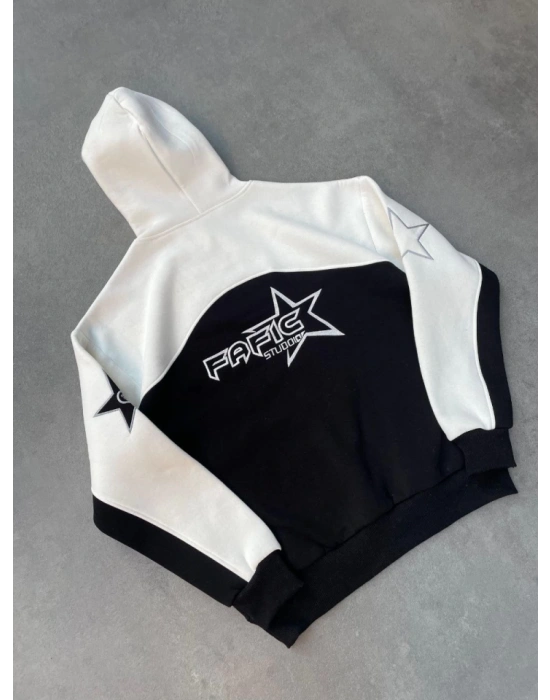 Parçalı Nakış İşlemelı Kapşonlu weathirt  Beyaz