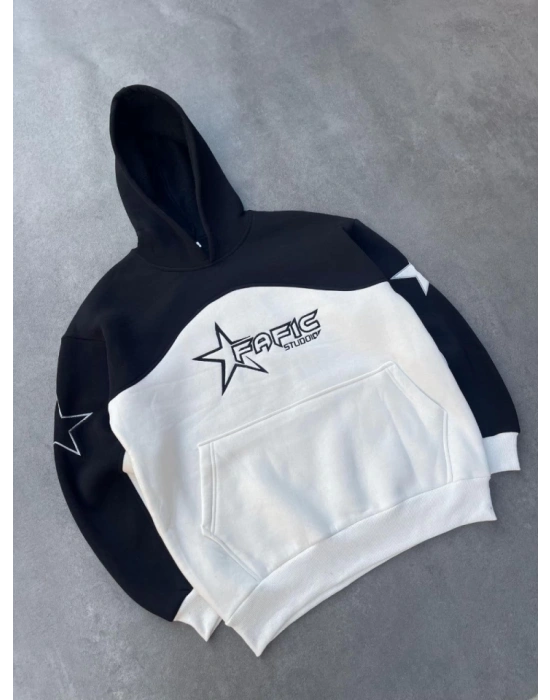 Parçalı Nakış İşlemelı Kapşonlu SweatShirt  Siyah