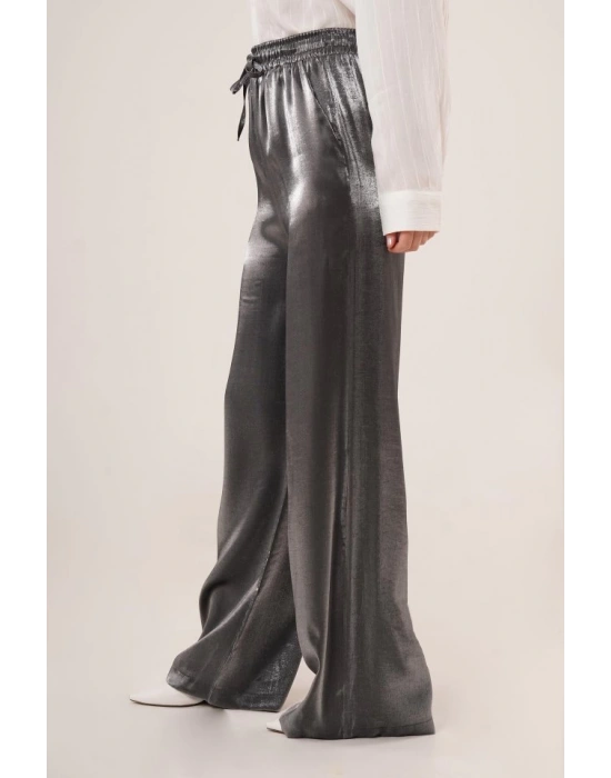 Parlak Görünümlü Cepli Antrasit Bol Paça Pantolon