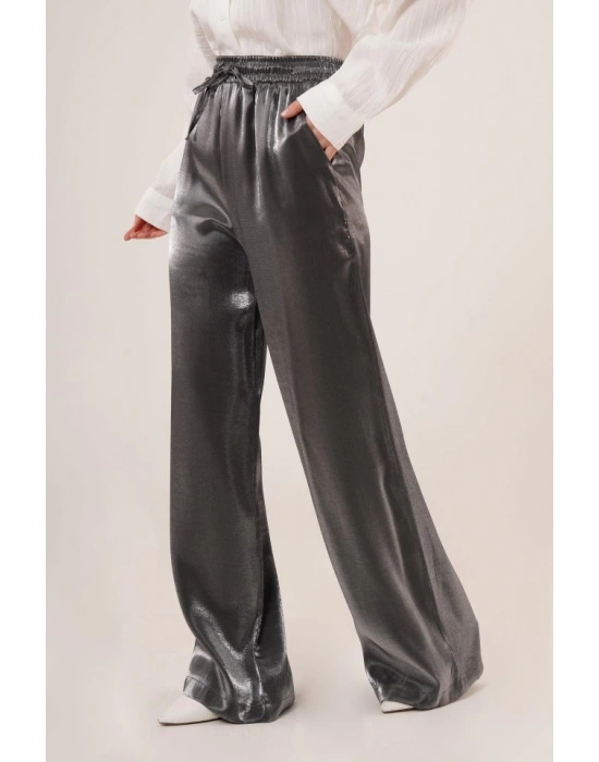 Parlak Görünümlü Cepli Antrasit Bol Paça Pantolon