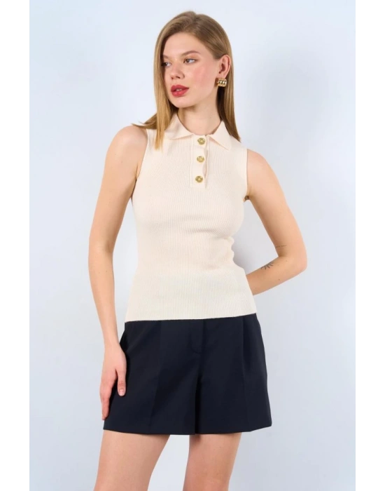 Patlı Düğmeli Triko Atlet  Beyaz Kayısı