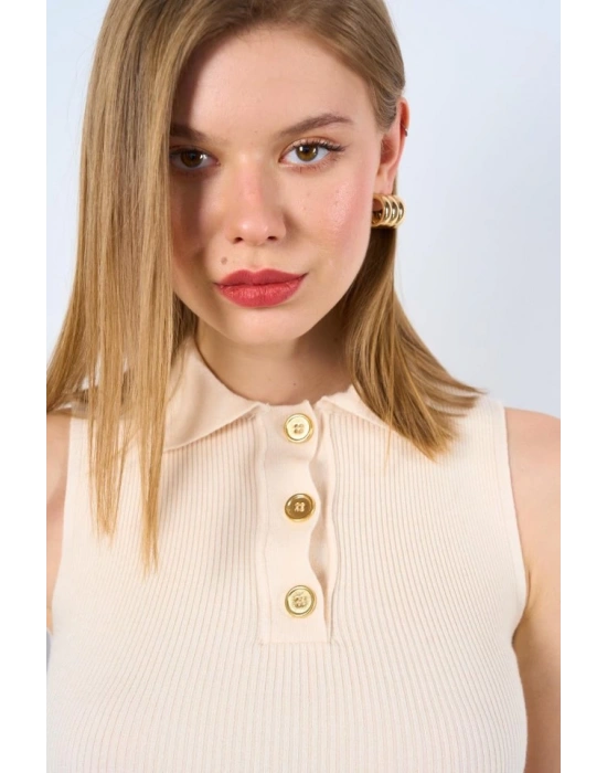 Patlı Düğmeli Triko Atlet  Beyaz Kayısı