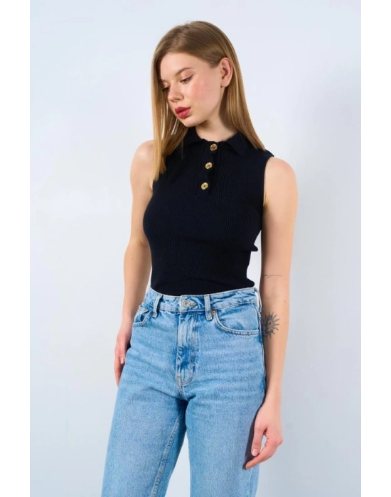 Patlı Düğmeli Triko Atlet  Siyah