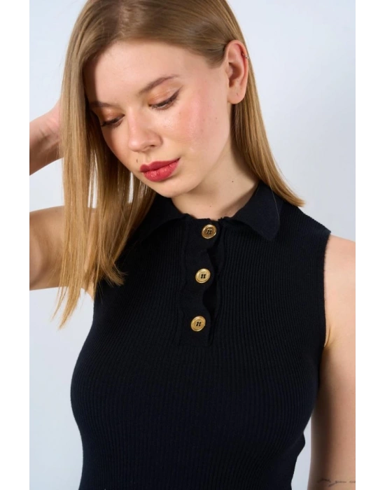 Patlı Düğmeli Triko Atlet  Siyah