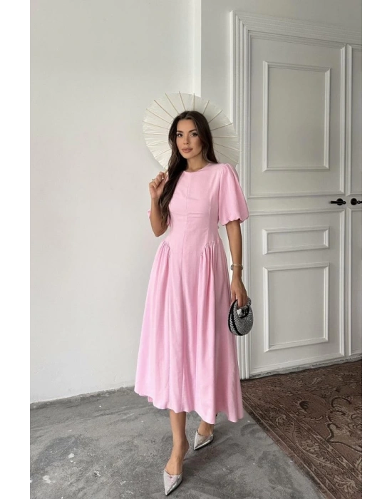 Pembe Arkadan Bağlamalı Büzgülü Keten Elbise