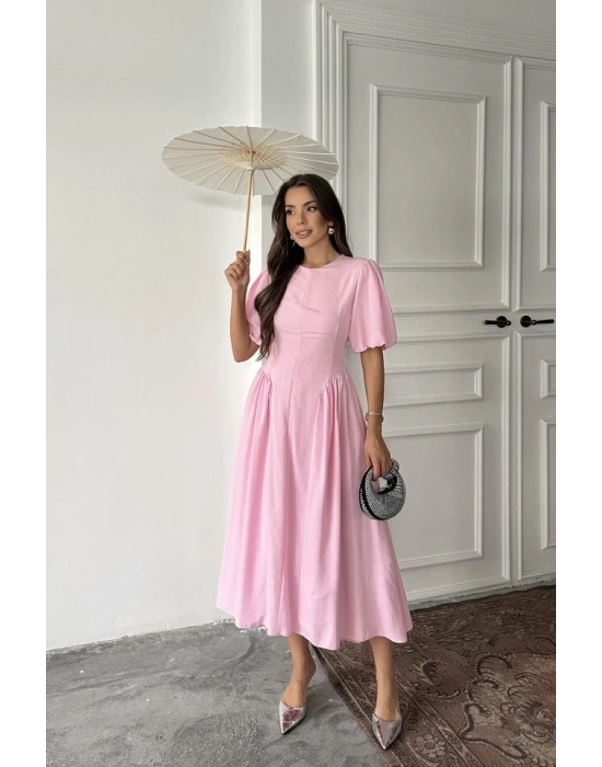 Pembe Arkadan Bağlamalı Büzgülü Keten Elbise